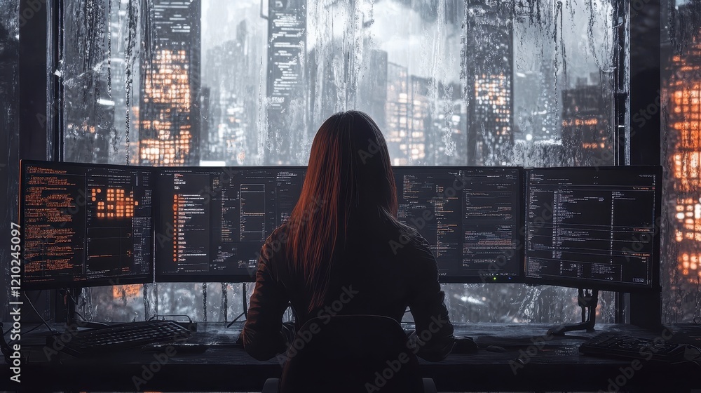 Poster woman programmer coding at night city view multiple monitors dark atmosphere