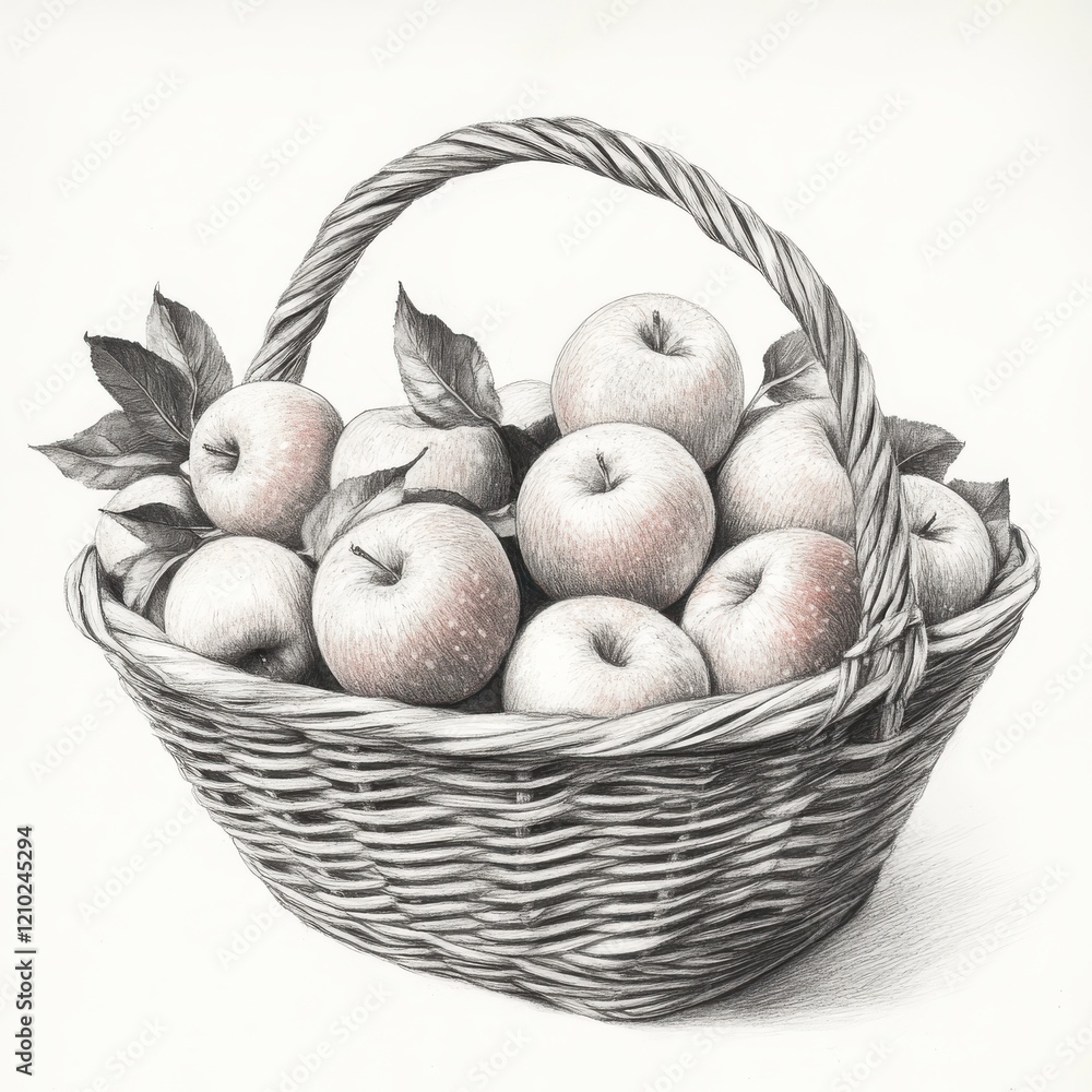 Poster Freshly picked apples in a woven basket with green leaves arranged for a rustic autumn display