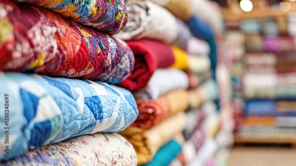 Poster colorful fabric stacks in store with various patterns and textures