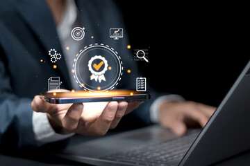 Entrepreneur point at certificate icon that show top service quality standard in business or commercial service certification. Quality assurance formal concept in organization.