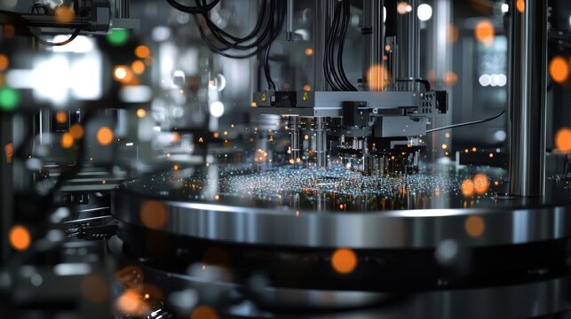 Automated machinery working on a round circuit board, precisely arranging small electronic components in a modern factory with blurred lights, highlighting advanced manufacturing technology