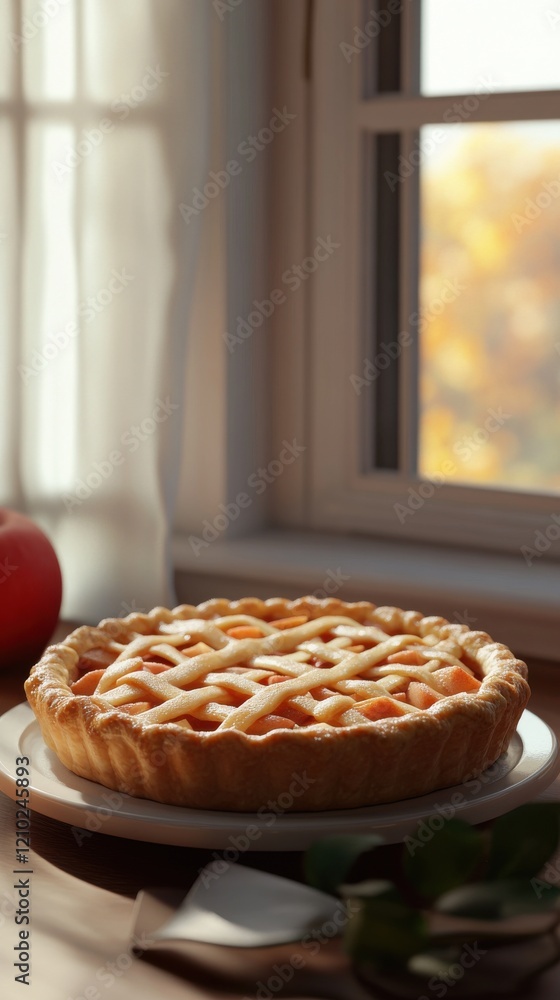 Poster lattice-topped apple pie cooling by a sunlit window with autumn colors in the background