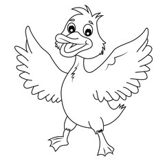 Cute cartoon hand drawn vector happy duck coloring page.