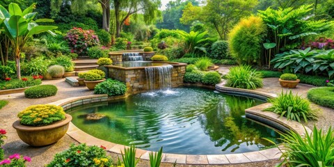 Fototapeta premium Serene water features and lush greenery in a peaceful garden setting, water, nature, water, nature, garden, tranquil
