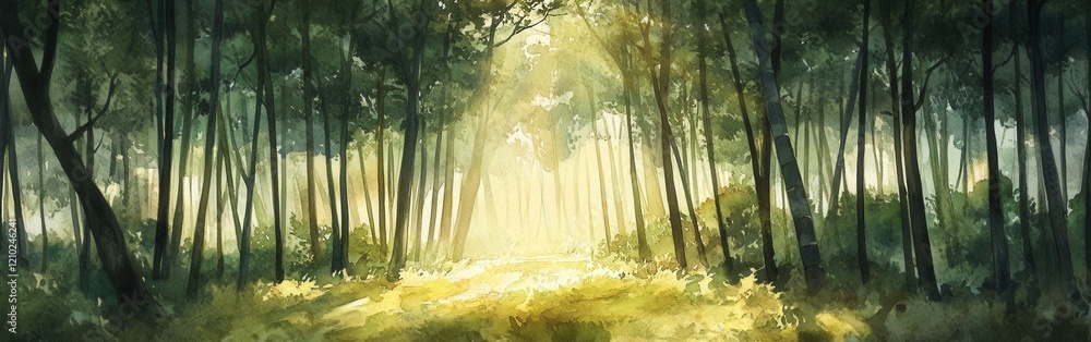Aufkleber sunlight streaming through trees in a serene forest with a delicate watercolor effect