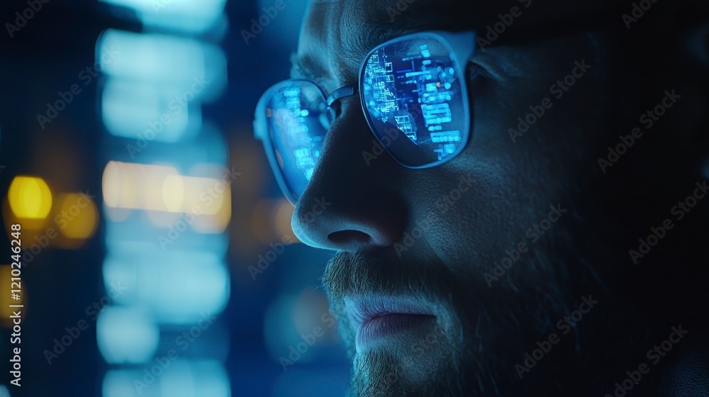 Poster concentrated programmer with digital code reflected in glasses at night