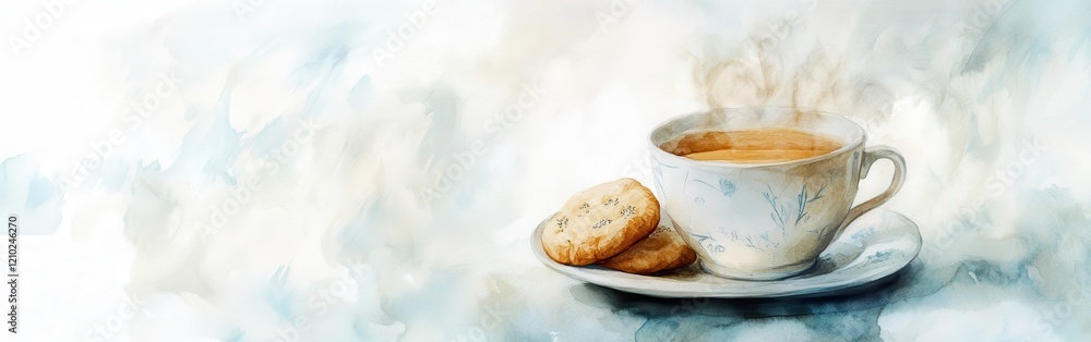 Poster close-up view of a steaming cup of tea and fresh cookies on a delicate plate with a soft watercolor 