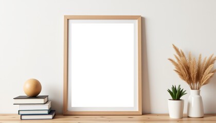 Customizable frame with minimal decor on wooden surface, modern design
