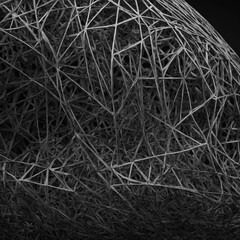 A monochrome art piece featuring intricate linework and geometric shapes.