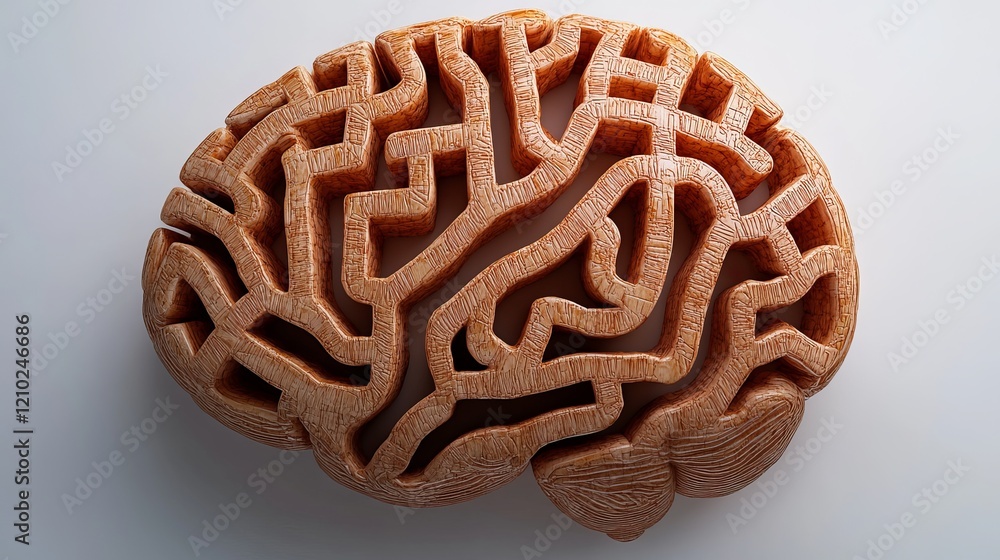 Poster a detailed 3d rendering of a brain shaped like an intricate maze, showcasing the complexity of thoug