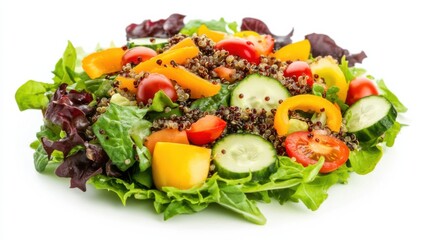 A colorful quinoa salad with mixed greens, cherry tomatoes, cucumber slices