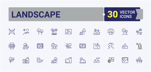 Fototapeta premium Landscape lined icons set. Includes icons for canyon, landscape, sky, cliff, house, tree, rest, nature. Simple line vector. Vector icons editable stroke.