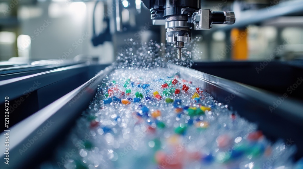 Poster inside a modern factory, a robotic arm efficiently washes colorful plastic components submerged in a