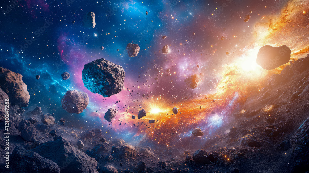 Poster cosmic collision: asteroid field in a nebula