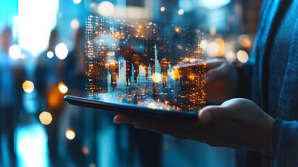 Professional presenting innovative technology with digital city skyline visualization