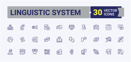 Linguistic System icon set. Containing talk, conversation, business, text, man, language and more. Perfect for logos and infographics. Editable stroke.