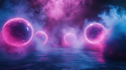 a group of glowing spheres in a dark room
