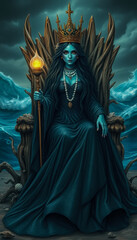 A powerful sea witch queen sits on her ocean throne, wielding a glowing trident amidst a dramatic, stormy backdrop.