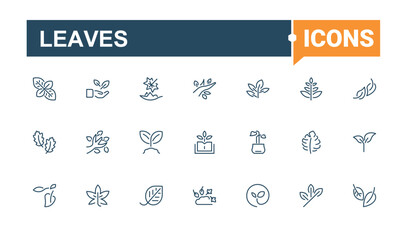Leaves icons set in linear style. Contains related to branch, spa, nature, sprout, vegan, garden, care, green. Thin UI icon design. Editable vector stroke.