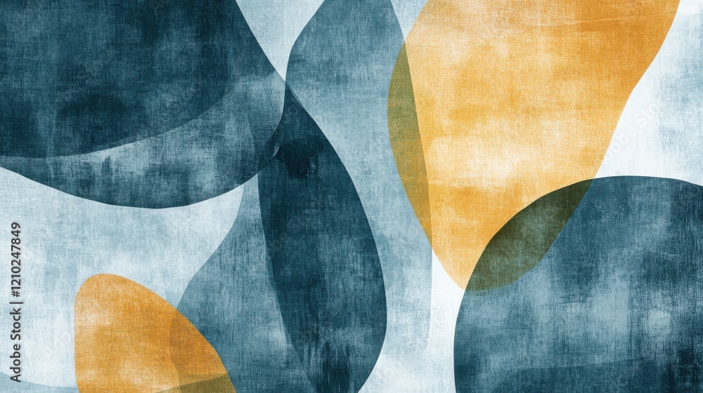 Poster soft pencil strokes create abstract composition of blue, green, and yellow shapes in a serene design
