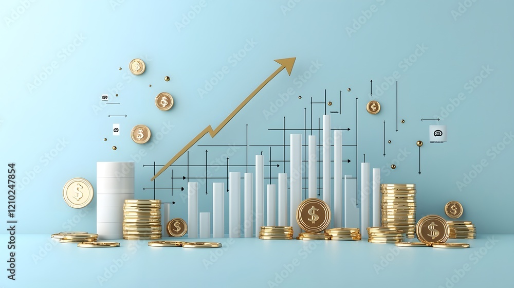 Poster vibrant 3d market chart and graph visualization featuring golden coins and an upward pointing arrow 