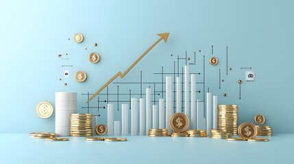 Vibrant 3D market chart and graph visualization featuring golden coins and an upward pointing arrow on a sleek blue background representing financial growth investment success and economic trends