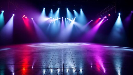 A vibrant stage with colorful spotlights illuminating an empty floor, ready for a dynamic performance or concert.