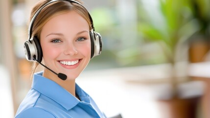 A smiling woman wearing a headset, representing customer service or technical support, in a bright, professional environment.