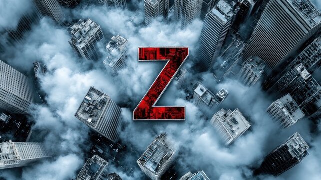 Large red letter "Z" amidst towering skyscrapers shrouded in mist
