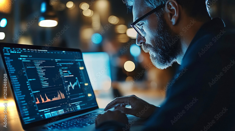 Poster man analyzes data on laptop in a modern workspace with ambient lighting