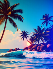 Obraz premium Tropical island paradise.Vintage poster background with palms and sea waves, Colored gel lighting, with white tones