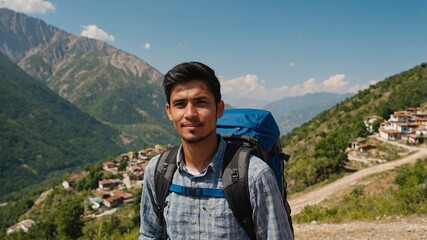Naklejka premium Young man hiking in mountainous terrain with a backpack and serene landscape in the background during clear weather