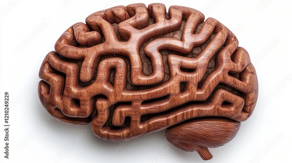 Poster a detailed wooden brain sculpture showcases intricate maze patterns, symbolizing complexity in thoug