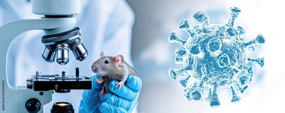 Poster a scientist examines a mouse under a microscope, investigating viral structures in a laboratory sett