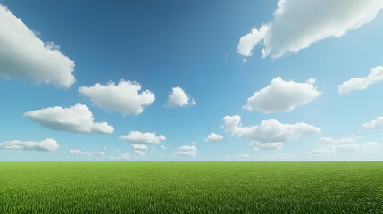 Sunny meadow, blue sky, fluffy clouds, nature backdrop