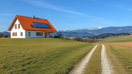 Obraz premium Modern Eco Friendly House with Solar Panels Scenic Mountain View Rural Landscape