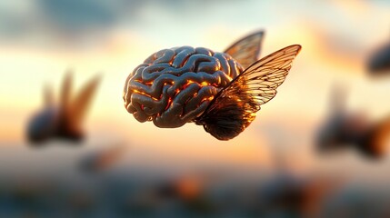 A stunning digital artwork featuring a floating brain with butterfly wings against a colorful sunset background, symbolizing creativity and transformation. mind with wings, flying imagination