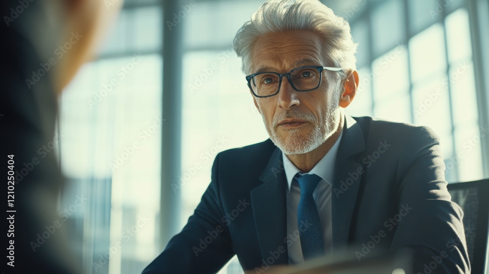 Poster older gentleman in a suit engages in a serious discussion in a modern office setting during the afte