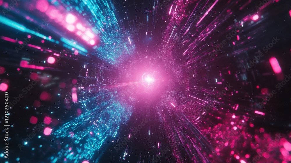 Poster bright turquoise and vibrant magenta sparkles create a cosmic tunnel effect in a digital illustratio