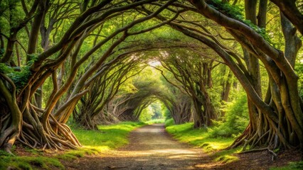 Naklejka premium Forest Natural Archway Formed by Branches, forest formation, branches, forest formation, branches, tree architecture