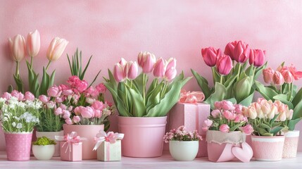 3d pink floral spring background with tulip flowers pots and gift boxes render. Holiday banner frame with bouquets in vase and present for birthday, 8 march, valentine and mother day. 3D Illustration
