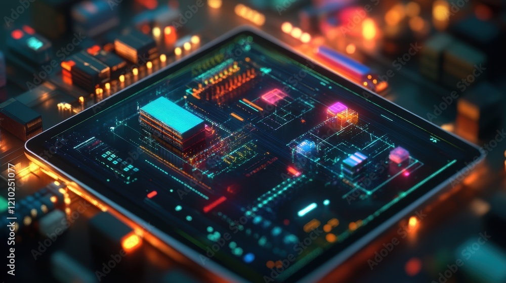 Poster holographic projection of a circuit board with colorful lights displayed on a futuristic tablet, rep