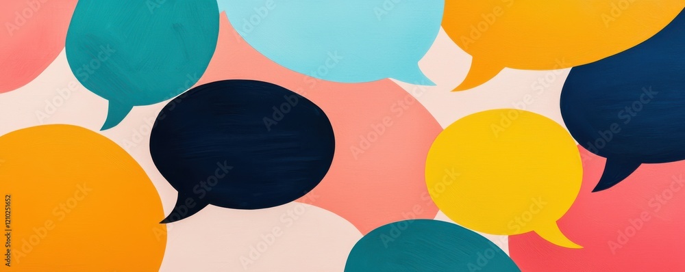 Poster a vibrant background featuring colorful speech bubbles in various shapes, representing communication