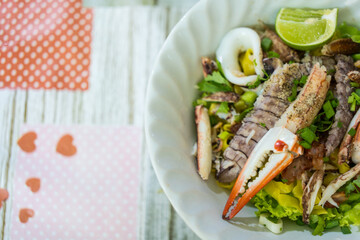A bowl of special food of dry egg yellow noodle with crawfish, shrimp and crab, sold in Chanthaburi...