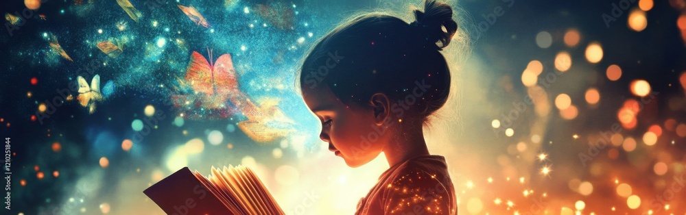 Poster child glows while reading, surrounded by mystical butterflies and shimmering lights in an enchanting