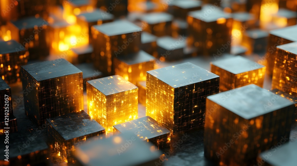 Aufkleber Abstract 3D Render of Metallic Cubes Radiating Golden Light in a Dark Environment, Creating a Futuristic and High-Tech Visual Experience