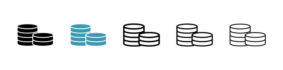 Coins icons set in black filled and stroke line style