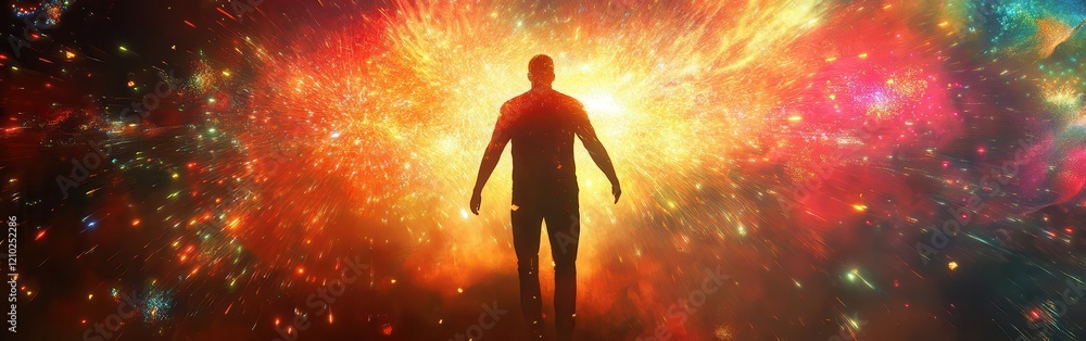Aufkleber Vibrant silhouette of a man surrounded by a cosmic explosion of color and light in an imaginative space