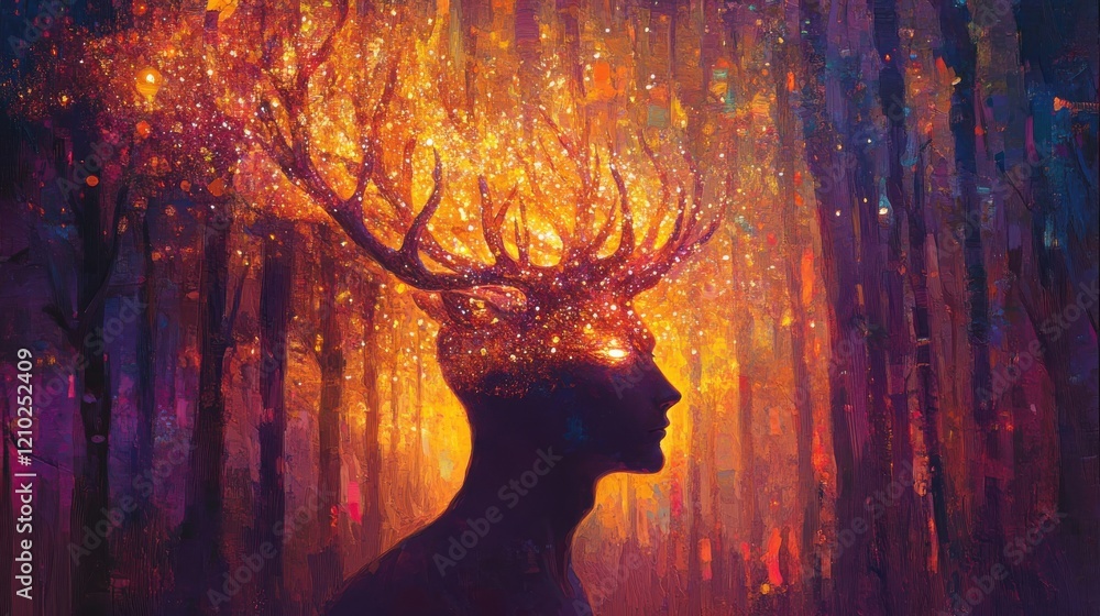 Poster vibrant profile of a man surrounded by a mystical forest illuminated by shimmering stars and glowing