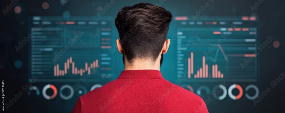 Poster a person in a red shirt analyzes digital data and graphs on multiple screens, highlighting trends an